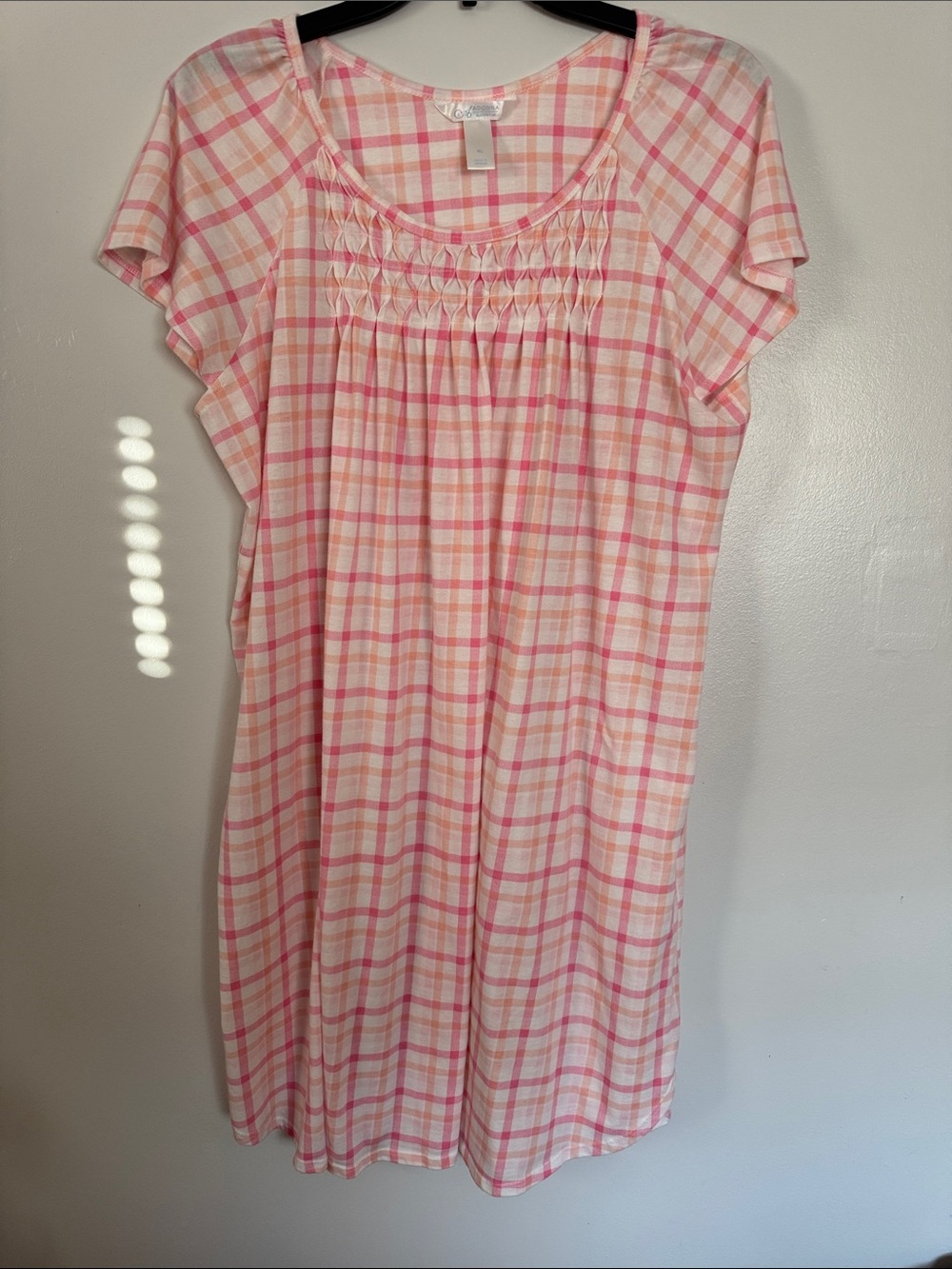 Adonna Pink Plaid Short Sleeve Nightgown with Smocking